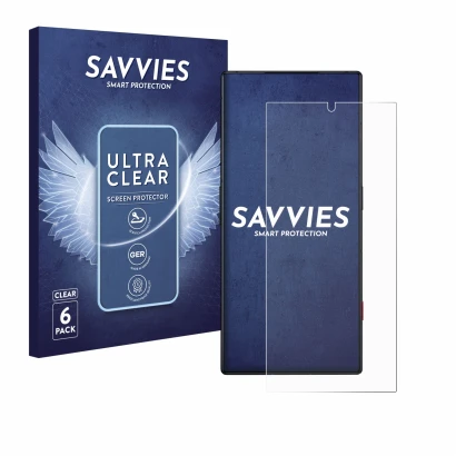 Front side of a product packaging with the brand logo Savvies. Next to it is the device ZTE Nubia Red Magic 8 Pro shown with t