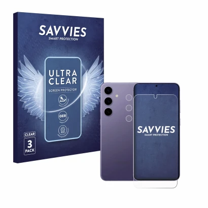 Front side of a product packaging with the brand logo Savvies. Next to it is the device Samsung Galaxy S24 Plus (Front+Camera)