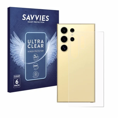 Front side of a product packaging with the brand logo Savvies. Next to it is the device Samsung Galaxy S24 Ultra (Back) shown 