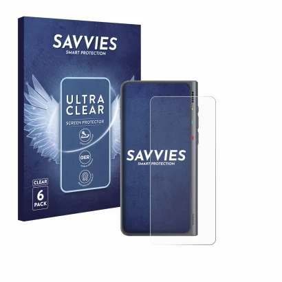 Front side of a product packaging with the brand logo Savvies. Next to it is the device Timekettle Fluentalk T1 shown with the