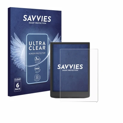 Front side of a product packaging with the brand logo Savvies. Next to it is the device Vivlio InkPad 4 shown with the corresp