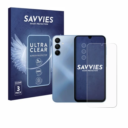 Front side of a product packaging with the brand logo Savvies. Next to it is the device Samsung Galaxy A15 (Front+Camera) show