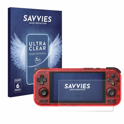 Front side of a product packaging with the brand logo Savvies. Next to it is the device Retroid Pocket 4 Pro shown with the co