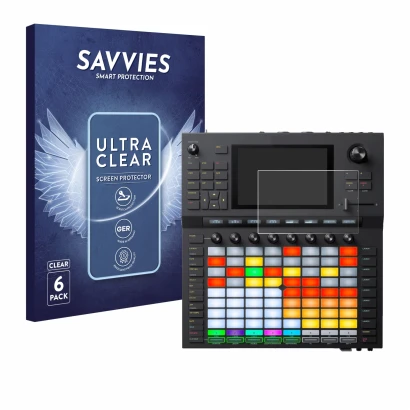 Front side of a product packaging with the brand logo Savvies. Next to it is the device Akai Force shown with the correspondin