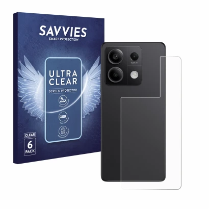 Front side of a product packaging with the brand logo Savvies. Next to it is the device Xiaomi Redmi Note 13 Pro 5G (Back) sho