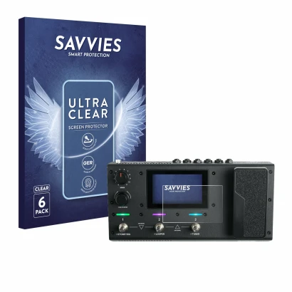 Front side of a product packaging with the brand logo Savvies. Next to it is the device Headrush MX5 shown with the correspond