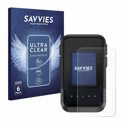 Front side of a product packaging with the brand logo Savvies. Next to it is the device Garmin eTrex Solar shown with the corr