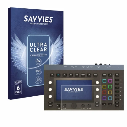 Front side of a product packaging with the brand logo Savvies. Next to it is the device Waldorf Iridium Core shown with the co