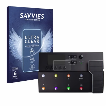 Front side of a product packaging with the brand logo Savvies. Next to it is the device Line 6 POD Go shown with the correspon