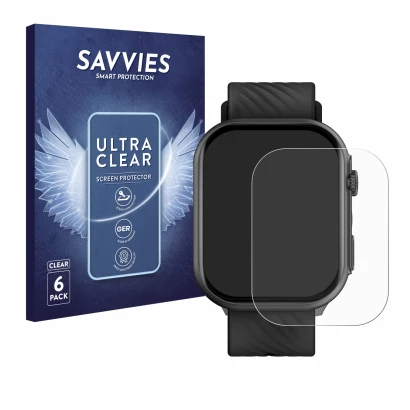 Front side of a product packaging with the brand logo Savvies. Next to it is the device Yuede Smartwatch 2" shown with the cor