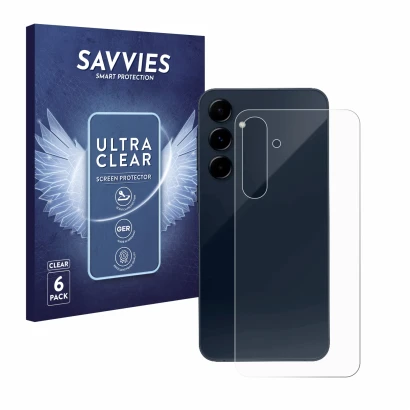 Front side of a product packaging with the brand logo Savvies. Next to it is the device Samsung Galaxy A35 5G (Back) shown wit