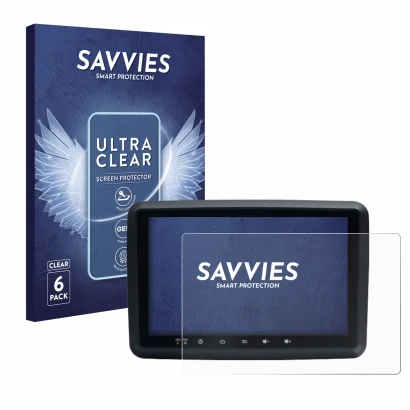 Front side of a product packaging with the brand logo Savvies. Next to it is the device Idmedia 8" shown with the correspondin