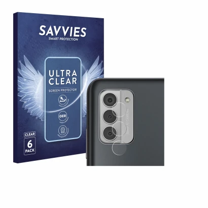 Front side of a product packaging with the brand logo Savvies. Next to it is the device Nokia G42 5G (ONLY Camera Lens) shown 