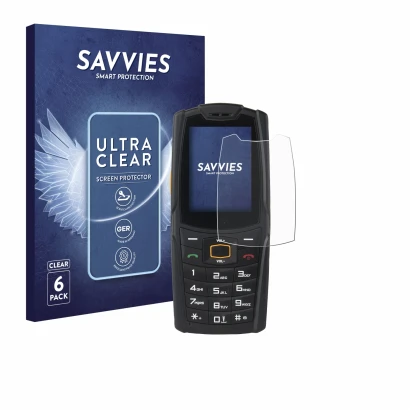 Front side of a product packaging with the brand logo Savvies. Next to it is the device AGM M6 shown with the corresponding sc