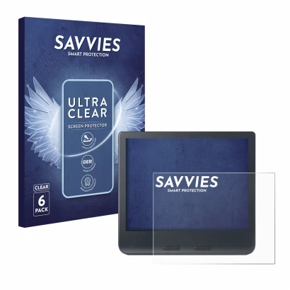 Front side of a product packaging with the brand logo Savvies. Next to it is the device Kobo Libra Colour 2024 shown with the 