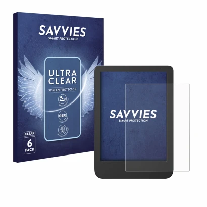 Front side of a product packaging with the brand logo Savvies. Next to it is the device Tolino Shine 5 Color 2024 shown with t