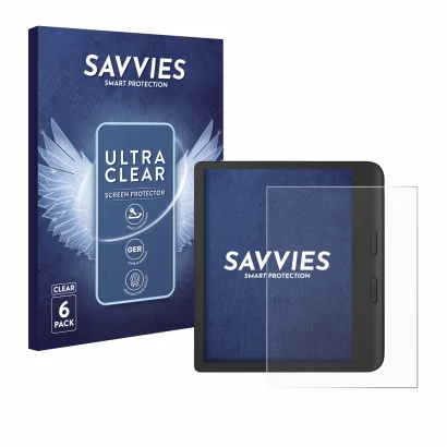 Front side of a product packaging with the brand logo Savvies. Next to it is the device Tolino Vision Color 2024 shown with th