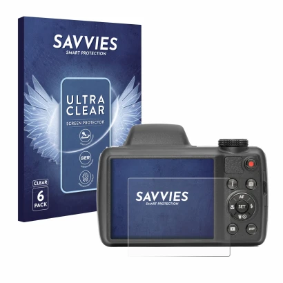 Front side of a product packaging with the brand logo Savvies. Next to it is the device Kodak Pixpro AZ528 shown with the corr