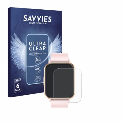 Front side of a product packaging with the brand logo Savvies. Next to it is the device walkbee Smartwatch 1.83" shown with th
