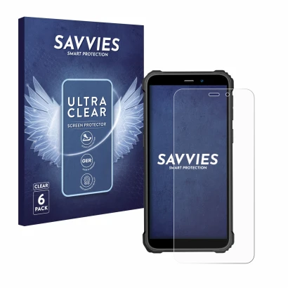 Front side of a product packaging with the brand logo Savvies. Next to it is the device Oukitel WP32 shown with the correspond