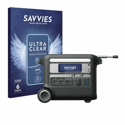 Front side of a product packaging with the brand logo Savvies. Next to it is the device Anker SOLIX F2000 shown with the corre