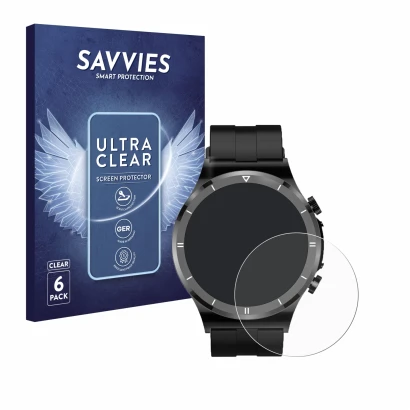Front side of a product packaging with the brand logo Savvies. Next to it is the device Sanorum Smartwatch 1.39" shown with th
