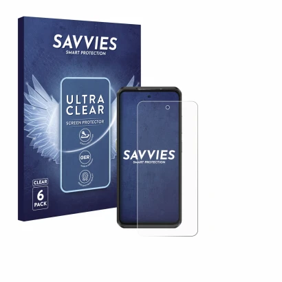 Front side of a product packaging with the brand logo Savvies. Next to it is the device Ulefone Armor 25T Pro shown with the c