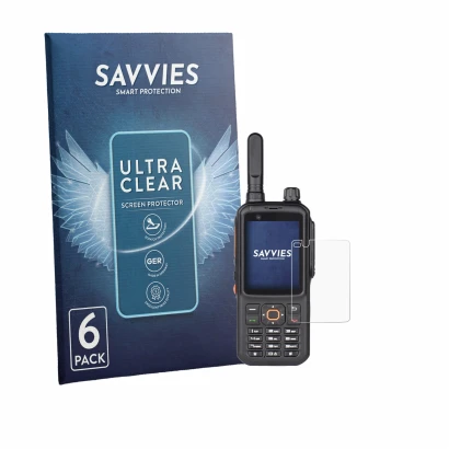 Front side of a product packaging with the brand logo Savvies. Next to it is the device Inrico T320 shown with the correspondi