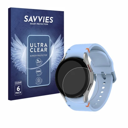 Front side of a product packaging with the brand logo Savvies. Next to it is the device Samsung Galaxy Watch FE shown with the