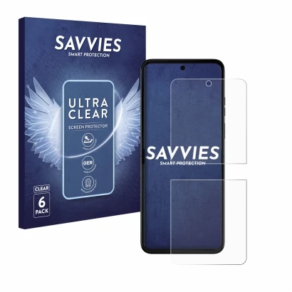 Front side of a product packaging with the brand logo Savvies. Next to it is the device Motorola Razr 50 Ultra shown with the 