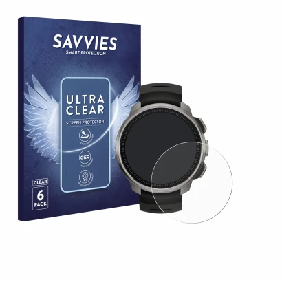 Front side of a product packaging with the brand logo Savvies. Next to it is the device Suunto Ocean shown with the correspond
