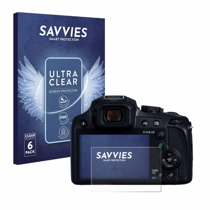 Front side of a product packaging with the brand logo Savvies. Next to it is the device Panasonic Lumix DC-FZ82D shown with th