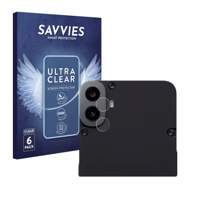 Front side of a product packaging with the brand logo Savvies. Next to it is the device Nothing CMF Phone 1 (ONLY Camera Lens)
