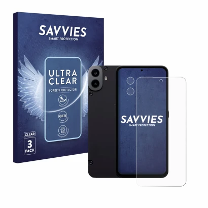 Front side of a product packaging with the brand logo Savvies. Next to it is the device Nothing CMF Phone 1 (Front+Camera) sho