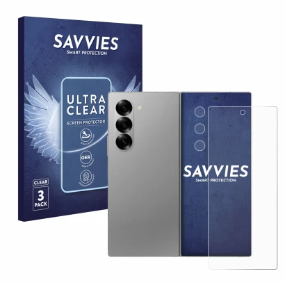 Front side of a product packaging with the brand logo Savvies. Next to it is the device Samsung Galaxy Z Fold 6 5G (Front+Came
