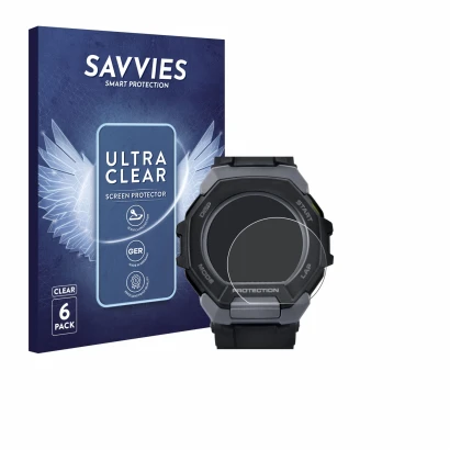 Front side of a product packaging with the brand logo Savvies. Next to it is the device Casio G-Shock G-Squad GBD-300 shown wi