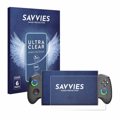 Front side of a product packaging with the brand logo Savvies. Next to it is the device OneXPlayer X1 Mini shown with the corr