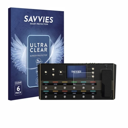 Front side of a product packaging with the brand logo Savvies. Next to it is the device Headrush Prime shown with the correspo