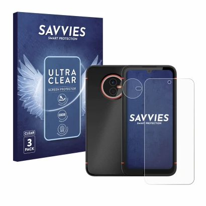 Front side of a product packaging with the brand logo Savvies. Next to it is the device Gigaset GX4 Pro (Front+Camera) shown w