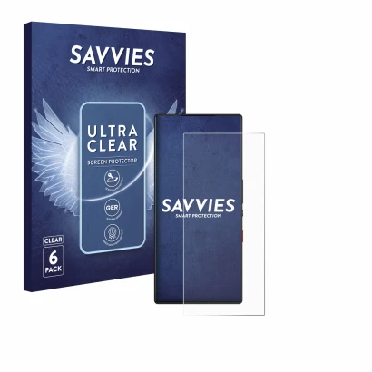 Front side of a product packaging with the brand logo Savvies. Next to it is the device ZTE Nubia Red Magic 9S Pro shown with 