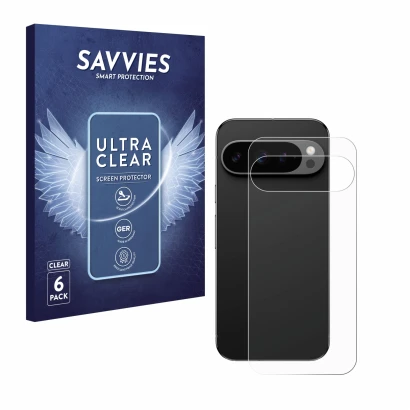 Front side of a product packaging with the brand logo Savvies. Next to it is the device Google Pixel 9 Pro (Back) shown with t