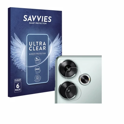 Front side of a product packaging with the brand logo Savvies. Next to it is the device Xiaomi Poco F6 (ONLY Camera Lens) show