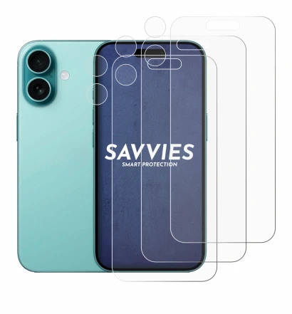 Image of the device Apple iPhone 16 (Front+Camera) with a wide variety of screen protectors.