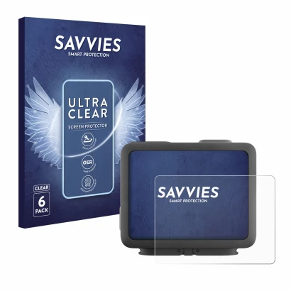 Front side of a product packaging with the brand logo Savvies. Next to it is the device GoPro Hero 4k shown with the correspon