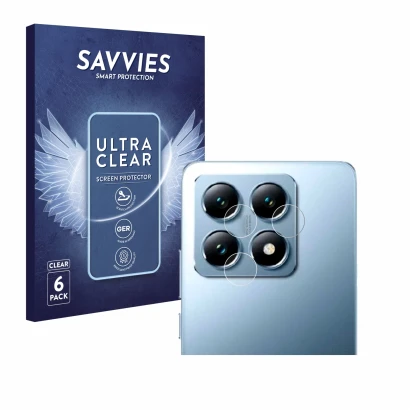 Front side of a product packaging with the brand logo Savvies. Next to it is the device Xiaomi 14T Pro (ONLY Camera Lens) show