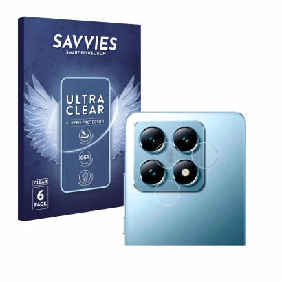 Front side of a product packaging with the brand logo Savvies. Next to it is the device Xiaomi 14T (ONLY Camera Lens) shown wi