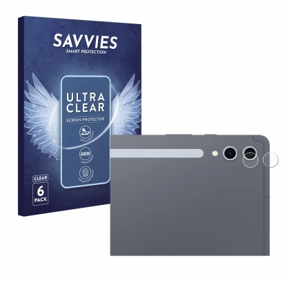 Front side of a product packaging with the brand logo Savvies. Next to it is the device Samsung Galaxy Tab S10 Plus 5G (ONLY C