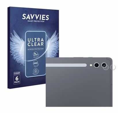 Front side of a product packaging with the brand logo Savvies. Next to it is the device Samsung Galaxy Tab S10 Ultra 5G (ONLY 