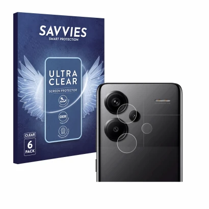 Front side of a product packaging with the brand logo Savvies. Next to it is the device Xiaomi Redmi Note 13 Pro+ 5G (ONLY Cam