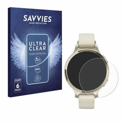 Front side of a product packaging with the brand logo Savvies. Next to it is the device Garmin Lily 2 Active shown with the co
